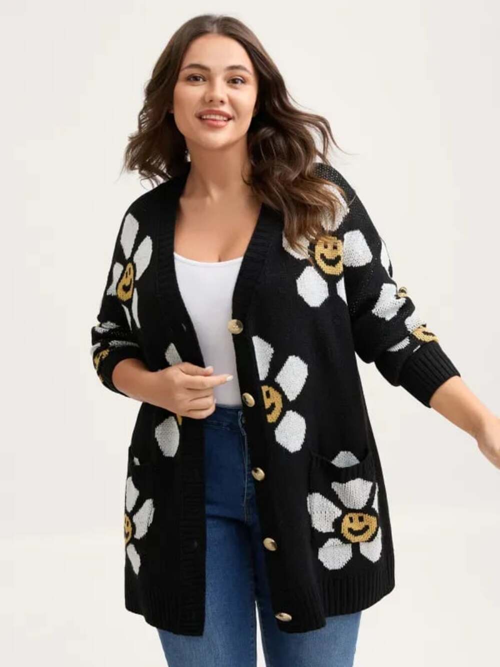 Plus Size 28 5x BloomChic Lomg Knit Cardigan with Smiley Face Floral Sweater